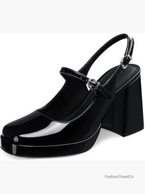 Chunky Mary Jane Pumps with Slingback Strap, Closed Toe Block Heels Platform